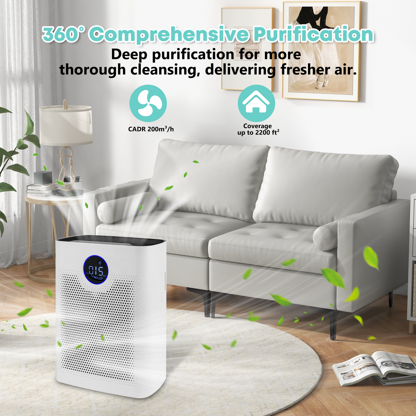 VNIUP® ZQA-8000A Large Room Air Purifier(2200sq.ft),Double-Sided HEPA Filter for Pets,Odor,Dust, Black