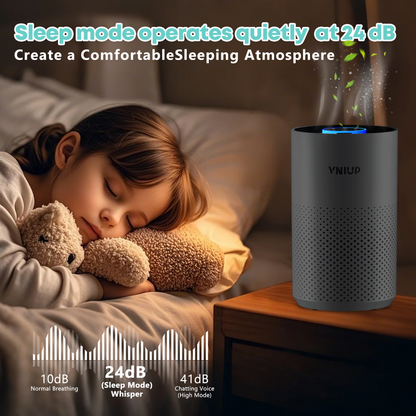 Child sleeping with teddy bears next to a VNIUP device on a nightstand, with text about sleep mode noise levels.