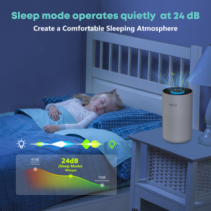 Child sleeping in a bedroom with a Tuya smart air purifier on a nightstand, emphasizing quiet operation at 24 dB.