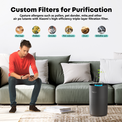 Person using a smartphone on a couch with a VNIUP air purifier in the foreground.