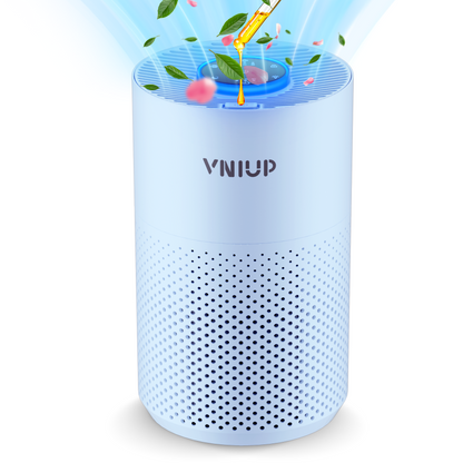VNIUP air purifier with a blue light and droplet graphics on a white background