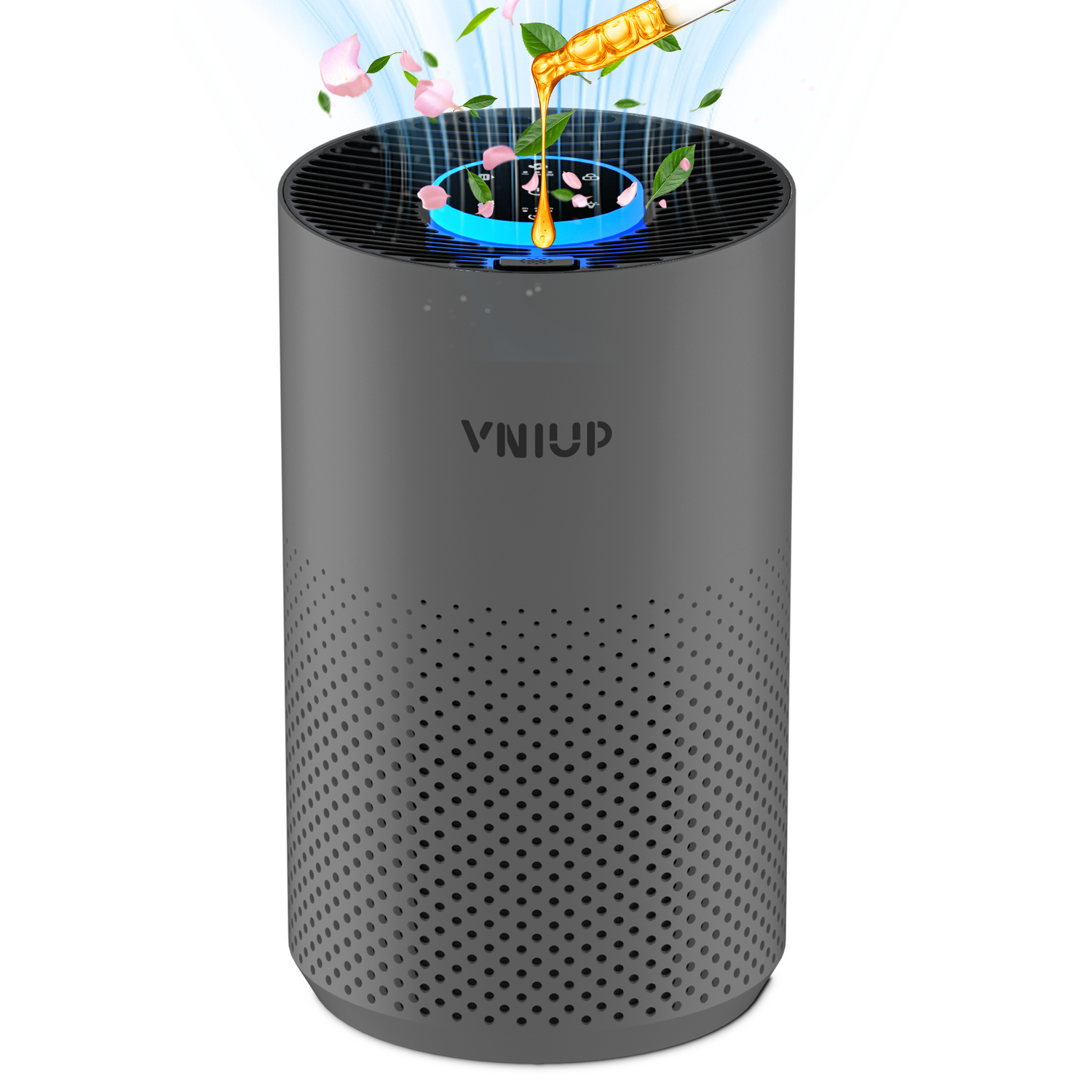 Air purifier with floral graphics on a white background