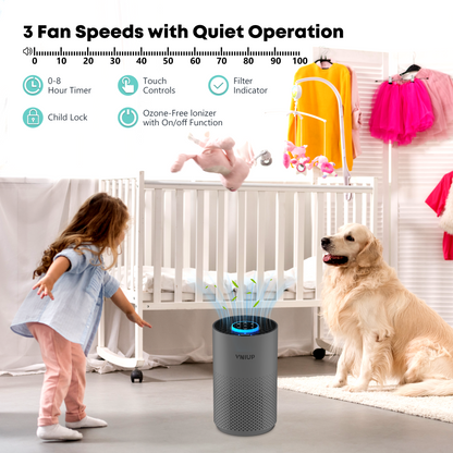 Air purifier in a room with a child, dog, and crib, highlighting features like fan speeds, timer, and filter indicator.