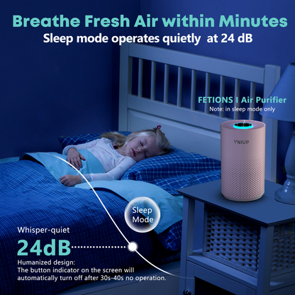 VNIUP air purifier in a bedroom with a child sleeping, highlighting its whisper-quiet feature.