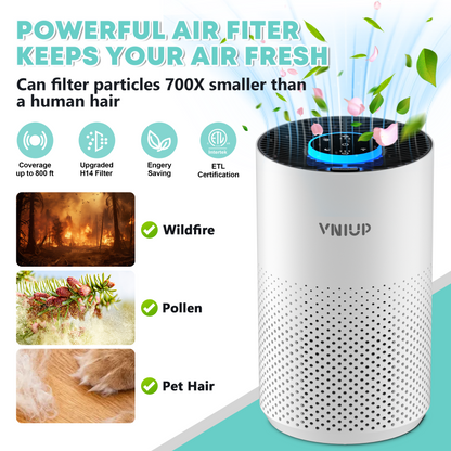 Air filter with features and benefits highlighted on a white background