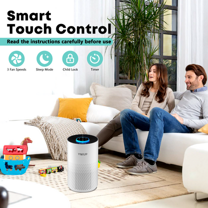 VNIUP air purifier on a living room floor with a couple sitting on a couch and text about smart touch control.
