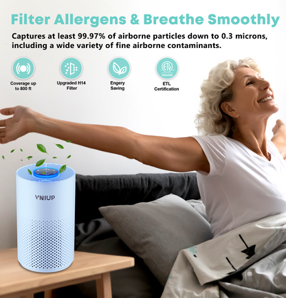 Purificador de aire VNIUP® H14 True HEPA para mascotas de dormitorio. Elimina humo, olores, caspa y polen.
