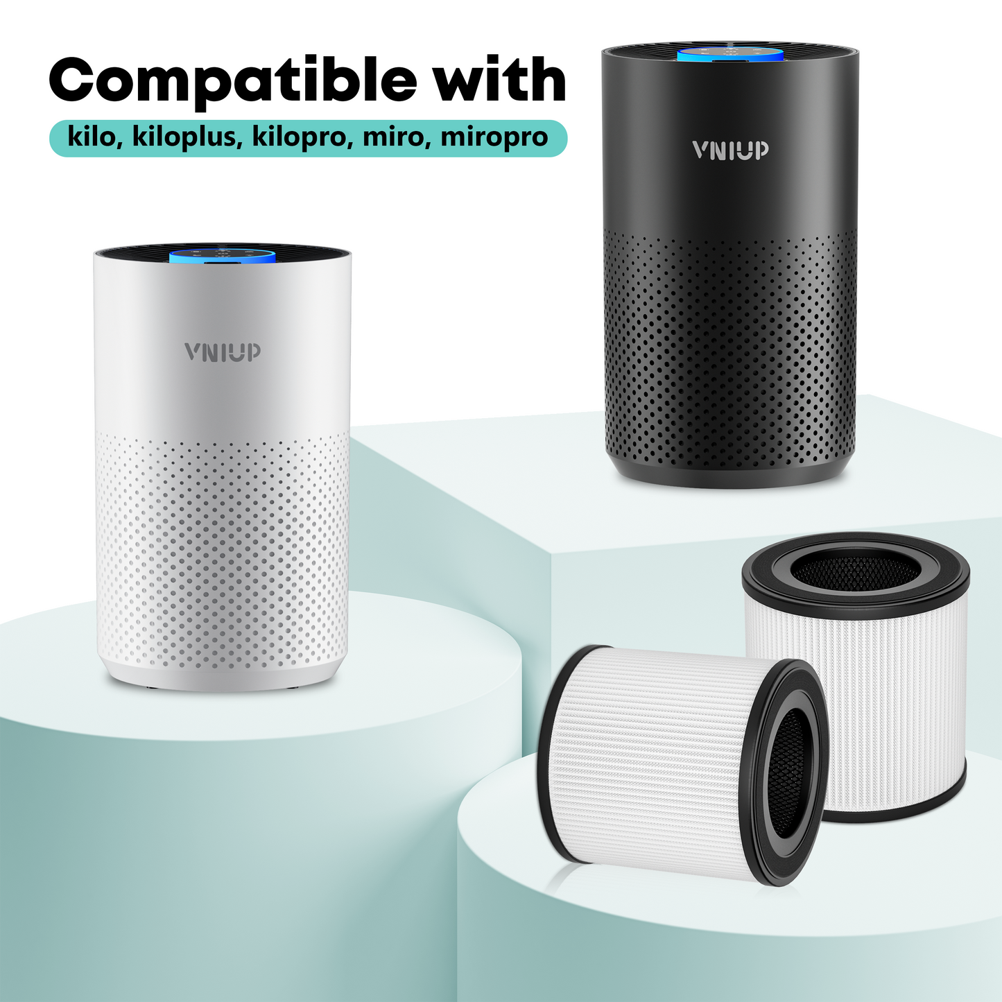 VNIUP air purifiers and filters on a light blue background