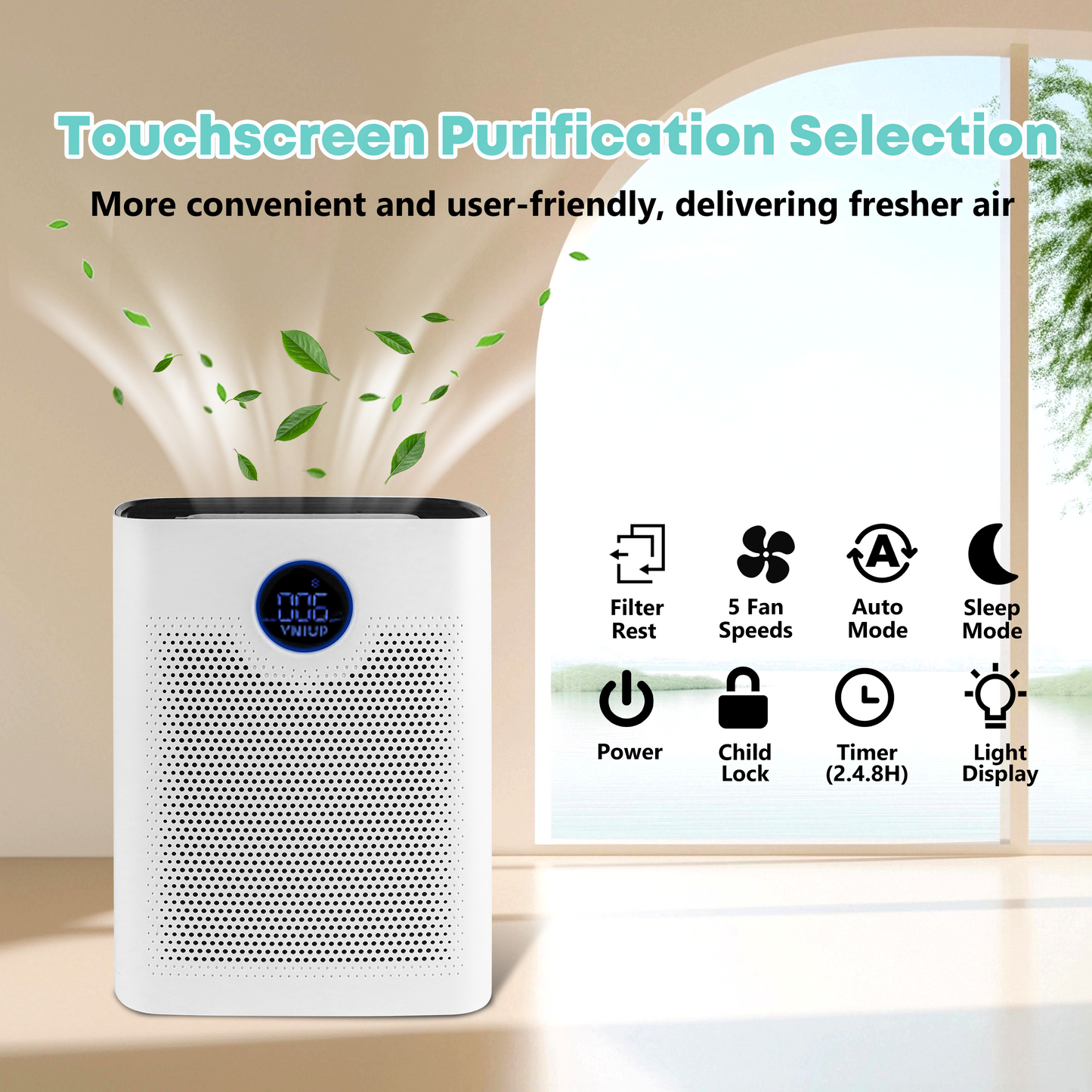 VNIUP® ZQA-8000A Large Room Air Purifier（2200sq.ft)，Double-Sided HEPA Filter for Pets，Odor，Dust, Black