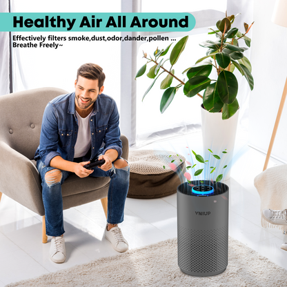 Man sitting in a living room with an air purifier labeled 'VNIUP' and text about healthy air.
