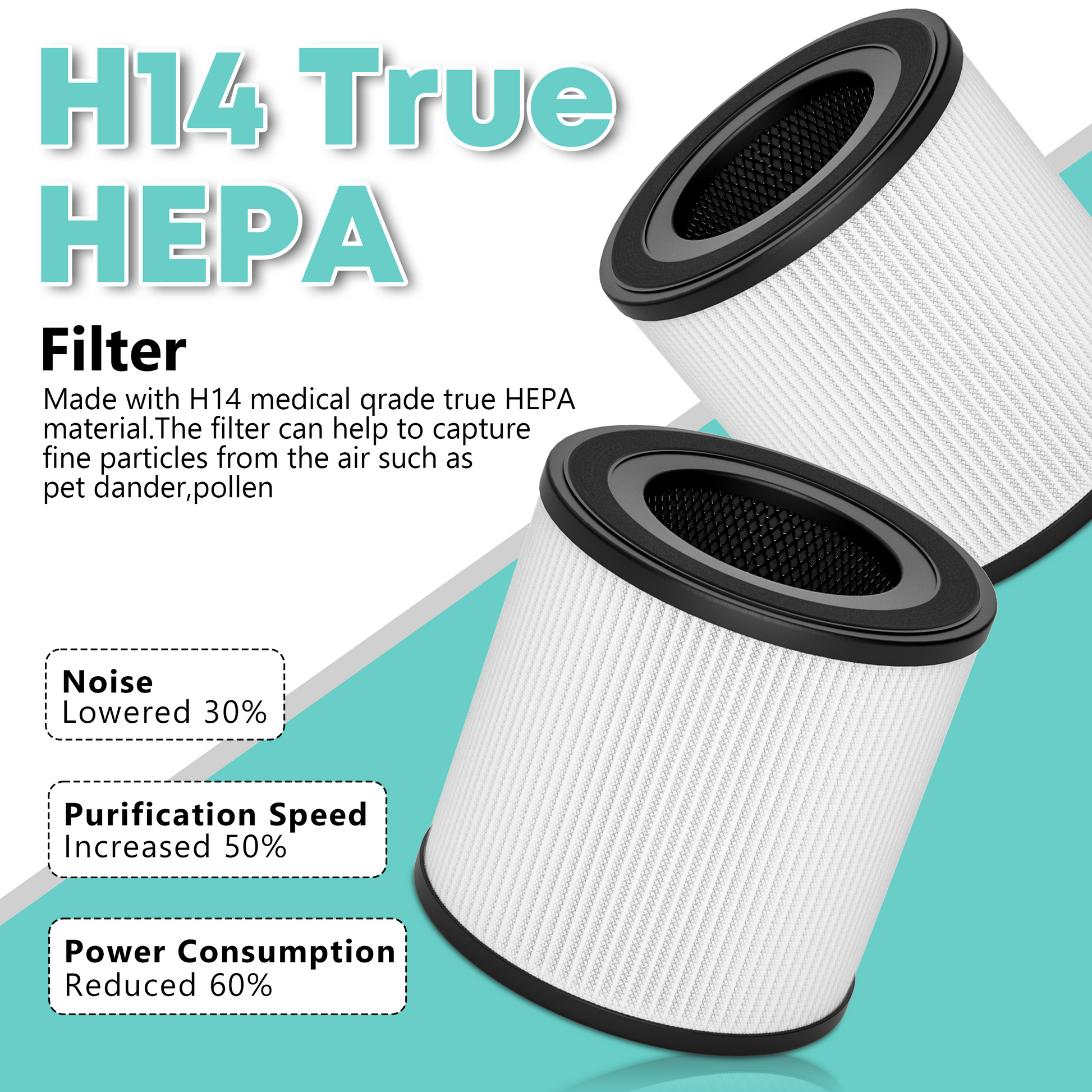 H14 True HEPA filter with text on a teal background