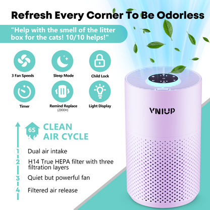 Purificador de aire HEPA VNIUP® para humo, polen, caspa y olor a cabello con temporizador de suspensión para el hogar y la oficina.