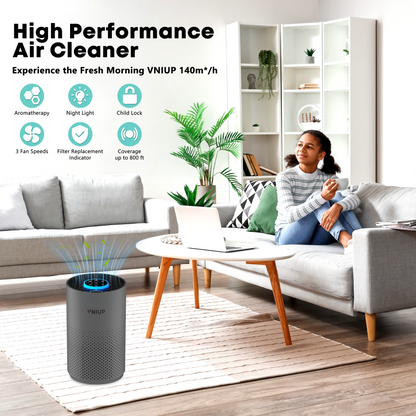Air cleaner in a living room with a woman sitting on a couch