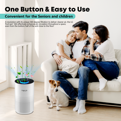 Family sitting on a couch with an VNIUP air purifier in the foreground
