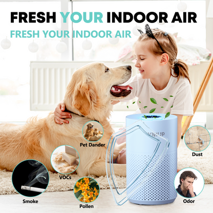 Purificador de aire VNIUP® H14 True HEPA para mascotas de dormitorio. Elimina humo, olores, caspa y polen.