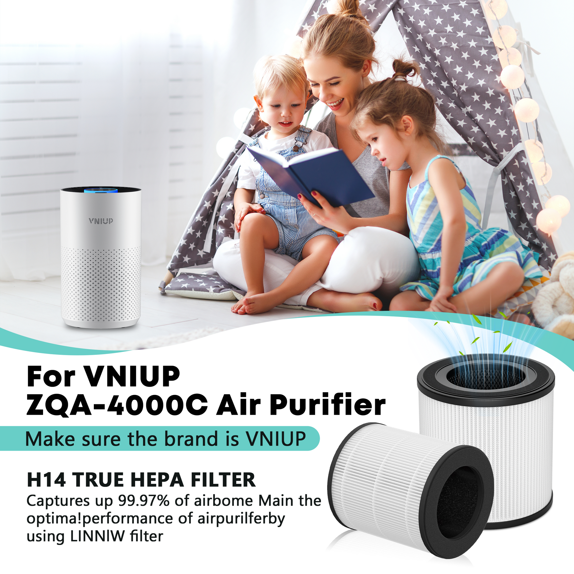 VNIUP air purifier with children reading a book in a tent, emphasizing the H14 TRUE HEPA filter.