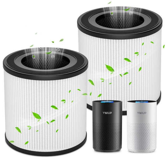 Two air filter cartridges with a YNUP air purifier on a white background