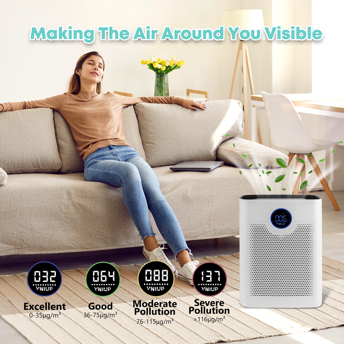 VNIUP® ZQA-8000A Large Room Air Purifier（2200sq.ft)，Double-Sided HEPA Filter for Pets，Odor，Dust, White